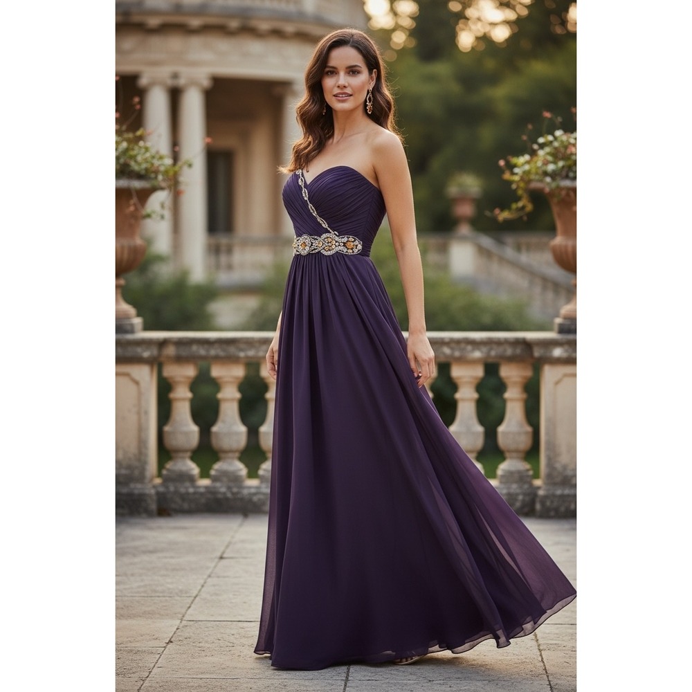 Marchesa Notte Purple Silk Chiffon Strapless Embellished Gown Dress Womens 6